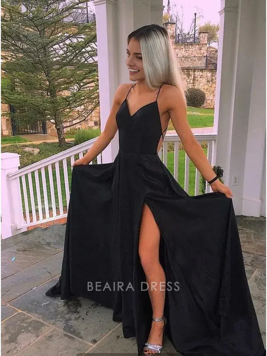 Beaira Elegant Black Spaghetti Straps Halter Long Prom Dresses With High Split formal wear dresses