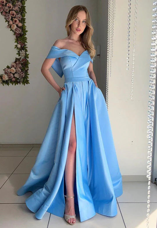 A Line Off The Shoulder Floor Length Satin With Slit Prom Dresses