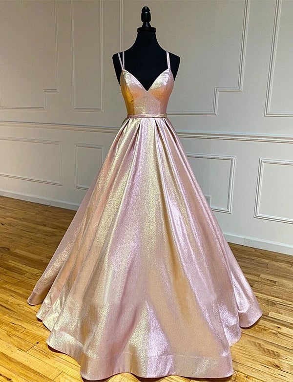 A Line V Neck Straps Prom Dresses Satin Evening Gowns