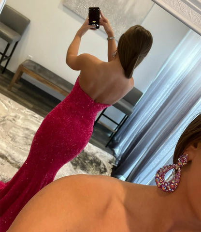 V-Neck Open Back Mermaid Sequins Backless Prom Dresses