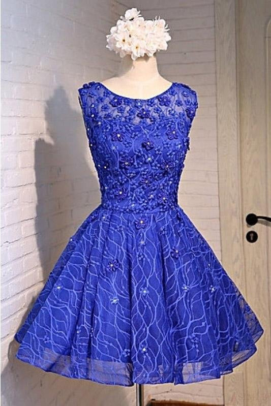 Blue Knee Length Homecoming Dresses with Beads Straps Short Cocktail Dresses