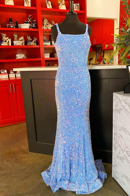 Blue Mermaid Sequin Square Neck Straps Backless Long Prom Dress