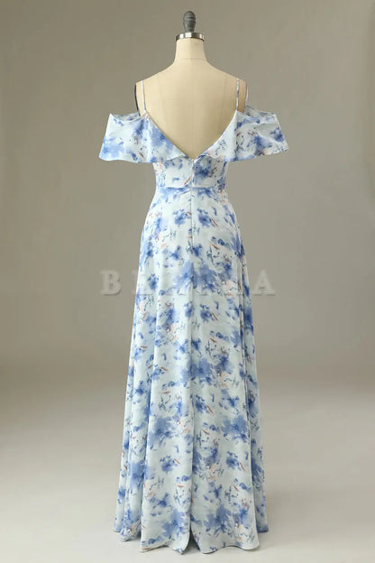 Beaira Blue A Line Off the Shoulder Floral Print Long Bridesmaid Dress Bridesmaid dress shop