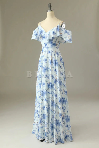 Beaira Blue A Line Off the Shoulder Floral Print Long Bridesmaid Dress Bridesmaid dress shop