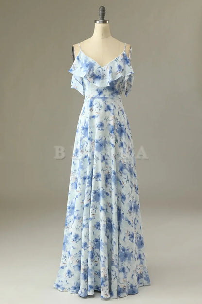 Beaira Blue A Line Off the Shoulder Floral Print Long Bridesmaid Dress Bridesmaid dress shop
