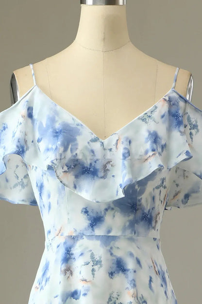 Beaira Blue A Line Off the Shoulder Floral Print Long Bridesmaid Dress Bridesmaid dress shop