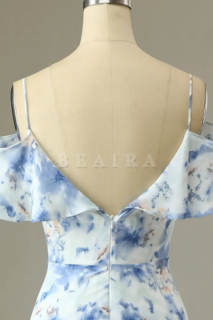 Beaira Blue A Line Off the Shoulder Floral Print Long Bridesmaid Dress Bridesmaid dress shop