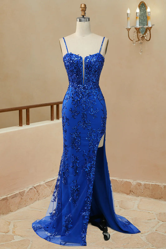 Blue Appliques Mermaid Straps Lace Up Long Prom Dress