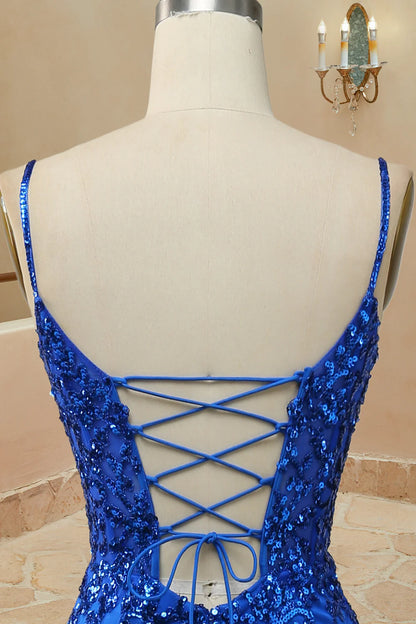 Blue Appliques Mermaid Straps Lace Up Long Prom Dress