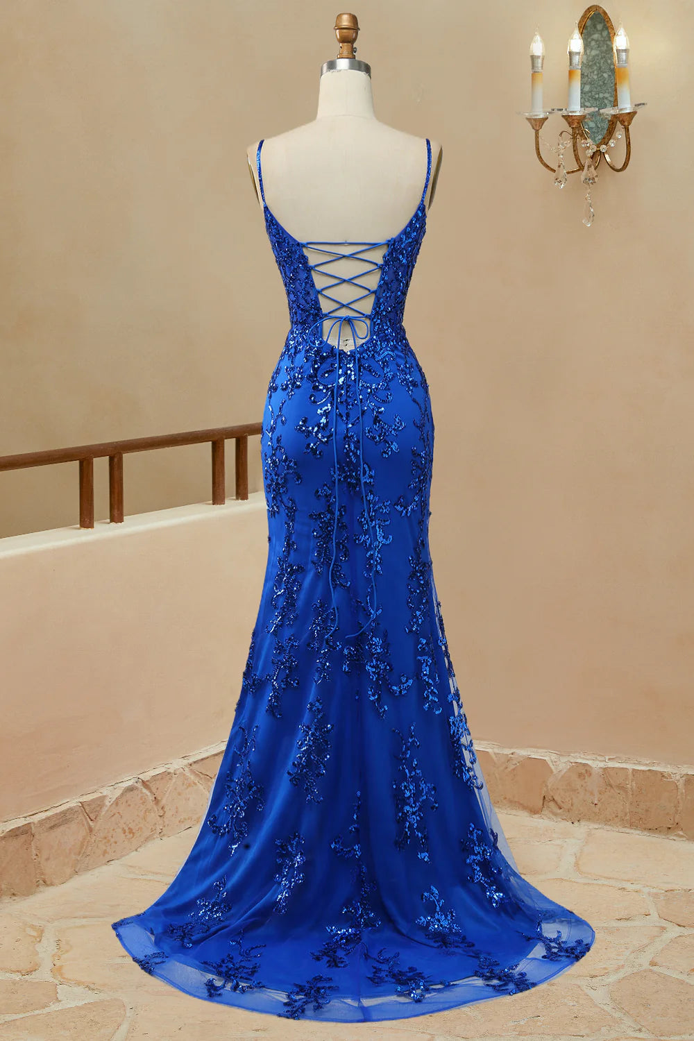 Blue Appliques Mermaid Straps Lace Up Long Prom Dress