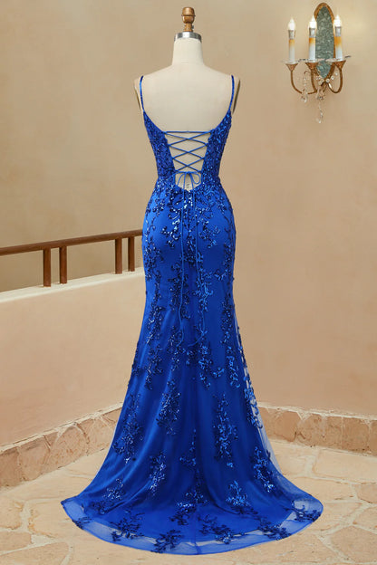 Blue Appliques Mermaid Straps Lace Up Long Prom Dress