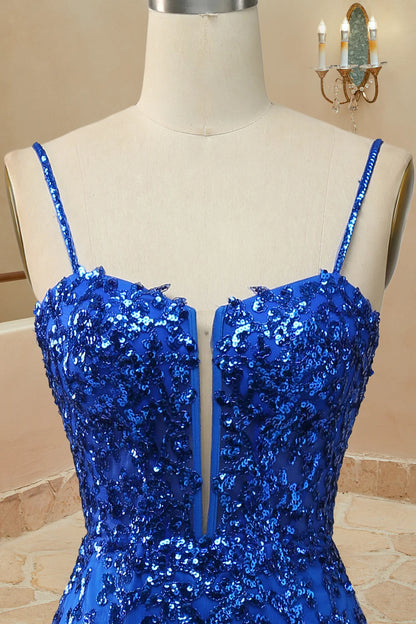 Blue Appliques Mermaid Straps Lace Up Long Prom Dress