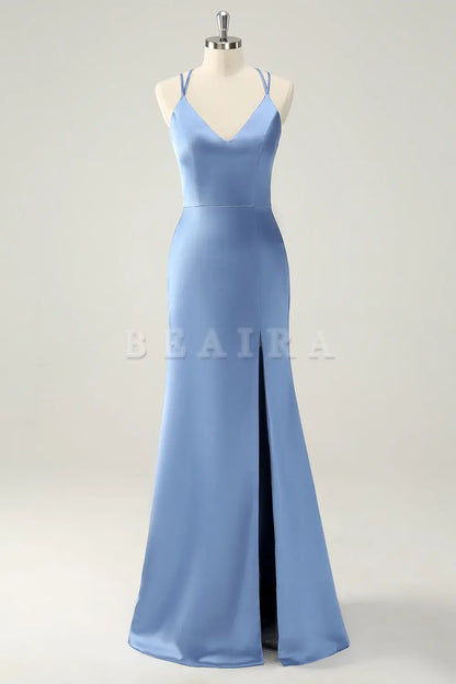 Beaira Blue Mermaid Spaghetti Straps Long Satin Bridesmaid Dress with Slit Bridesmaid dress shop