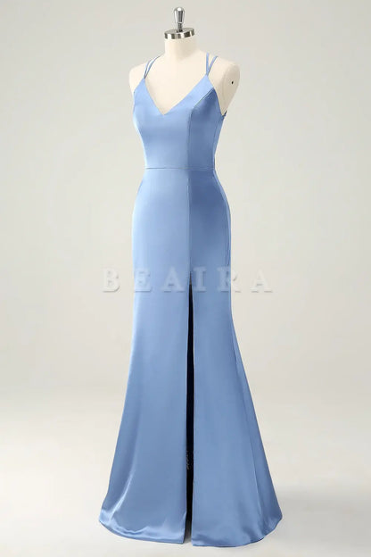 Beaira Blue Mermaid Spaghetti Straps Long Satin Bridesmaid Dress with Slit Bridesmaid dress shop