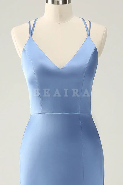 Beaira Blue Mermaid Spaghetti Straps Long Satin Bridesmaid Dress with Slit Bridesmaid dress shop