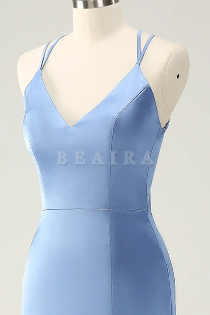 Beaira Blue Mermaid Spaghetti Straps Long Satin Bridesmaid Dress with Slit Bridesmaid dress shop
