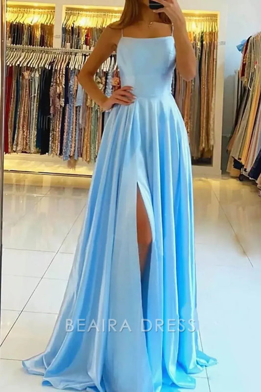 Beaira Elegant Blue Prom Dresses Halter Long Evening Dress with Side Slit formal wear dresses