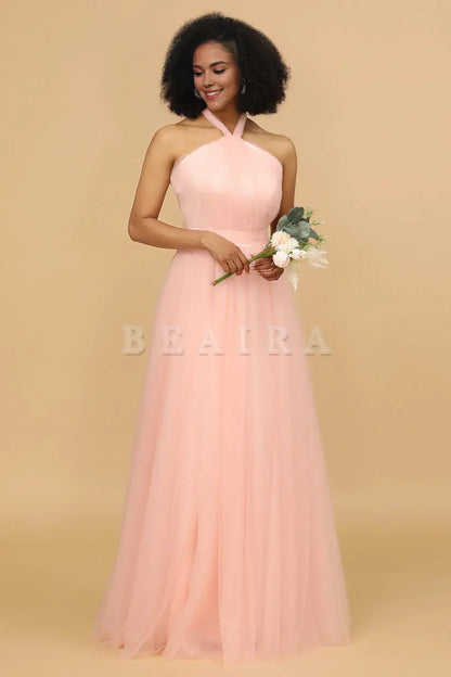 Beaira Blush A Line Halter Floor Length Tulle Bridesmaid Dress Bridesmaid dress shop