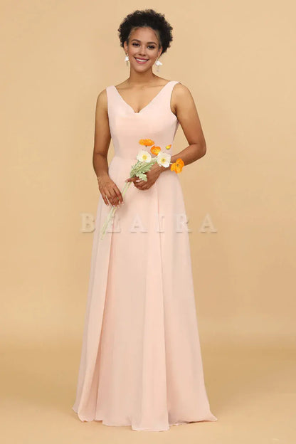 Beaira Blush A Line V Neck Chiffon Long Bridesmaid Dress Bridesmaid dress shop