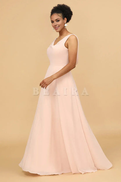 Beaira Blush A Line V Neck Chiffon Long Bridesmaid Dress Bridesmaid dress shop