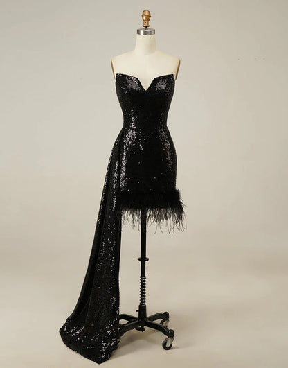 Bodycon Sequin Strapless Cute Short Homecoming Dress with Feather