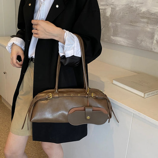 Beaira Boston Handbag for Women Solid Shoulder Bag PU Leather Casual Underarm Bag Retro Commuter Bag