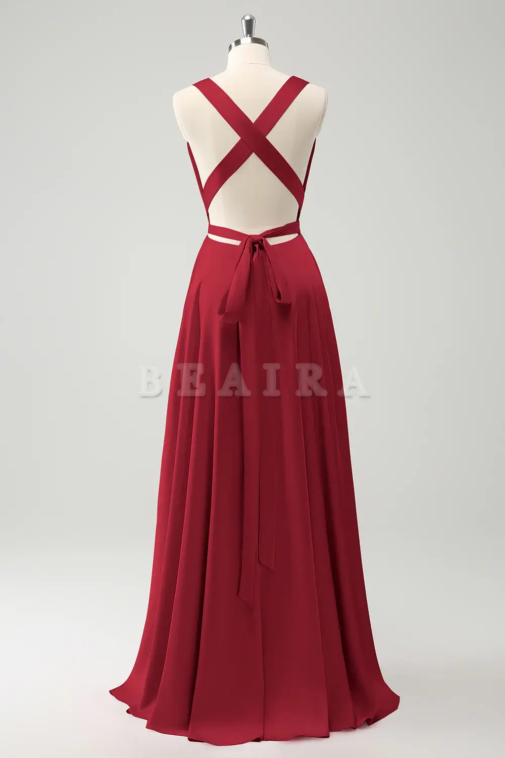 Beaira Burgundy A Line Deep V Neck Backless Long Bridesmaid Dress with Slit Bridesmaid dress shop