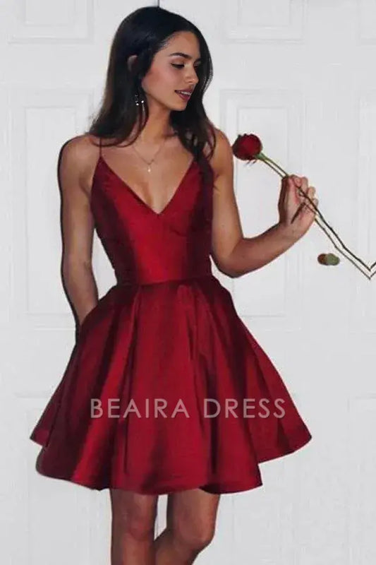 Beaira Simple Burgundy Cute Simple Spaghetti Straps Homecoming Dress Party Dress formal wear dresses