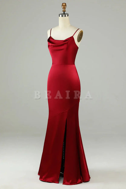 Beaira Burgundy Mermaid Spaghetti Straps Long Bridesmaid Dress with Slit Bridesmaid dress shop