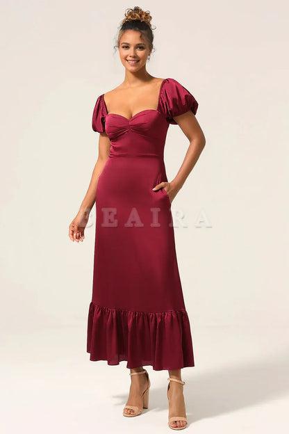 Beaira Burgundy Sheath Square Neck Tea-Length Satin Bridesmaid Dress with Ruffles Bridesmaid dress shop