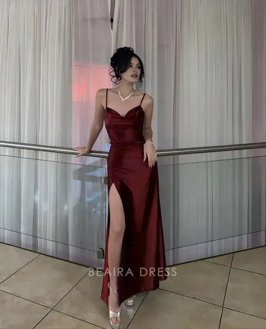Beaira Elegant Burugndy Spaghetti Straps Long Prom Dress With Side Slit formal wear dresses