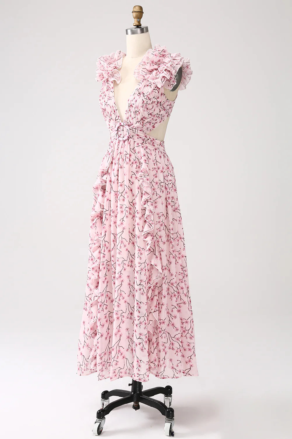 Pink Floral A-Line Deep V-Neck Pleated Backless Prom Dress