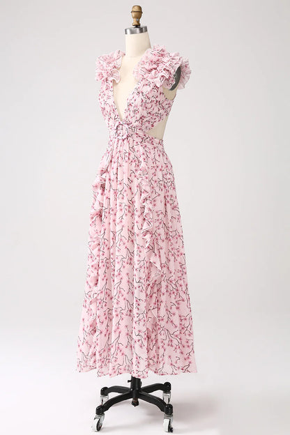 Pink Floral A-Line Deep V-Neck Pleated Backless Prom Dress