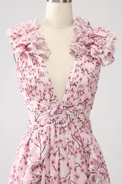 Pink Floral A-Line Deep V-Neck Pleated Backless Prom Dress