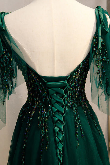 Beaira A-Line Spaghetti Straps Dark Green Prom Dress with Beading