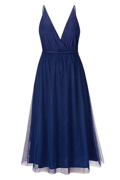 Women's Bridesmaid Tulle Dress Spaghetti Strap Deep V Neck Slit Party Wedding Prom Formal Maxi Dresses