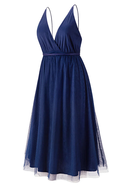 Women's Bridesmaid Tulle Dress Spaghetti Strap Deep V Neck Slit Party Wedding Prom Formal Maxi Dresses