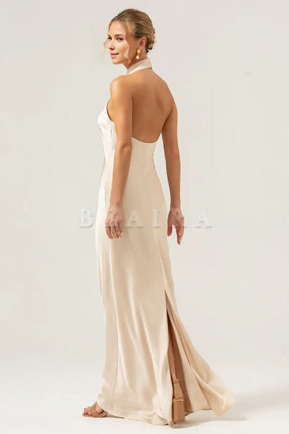 Beaira Champagne Sheath Halter Backless Long Satin Bridesmaid Dress with Slit Bridesmaid dress shop