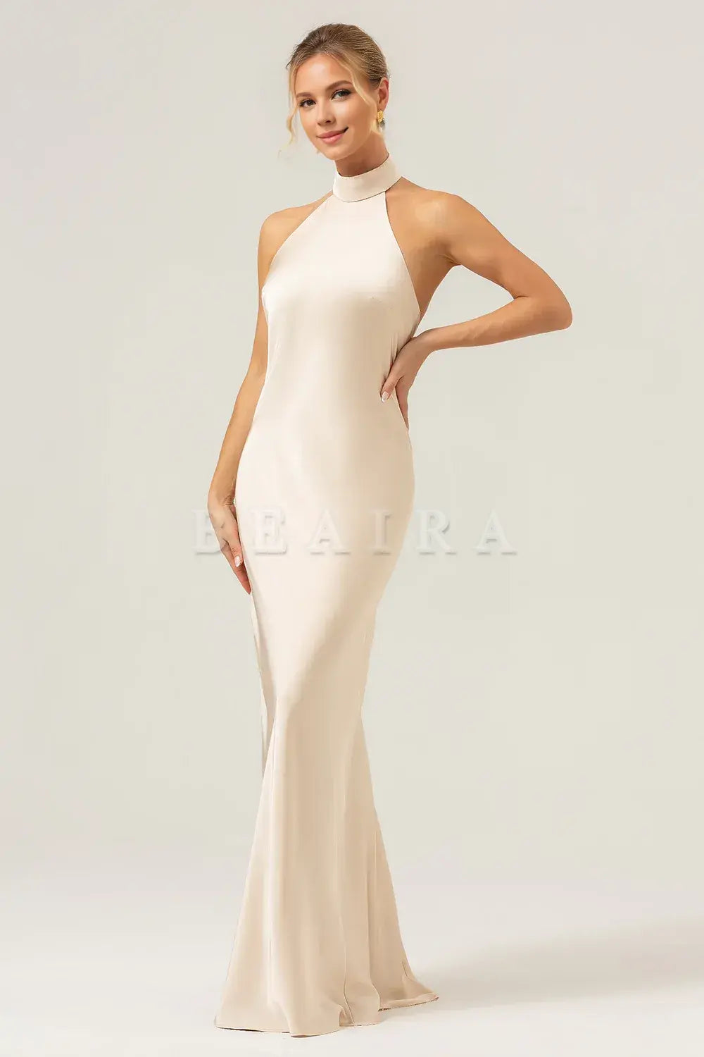 Beaira Champagne Sheath Halter Backless Long Satin Bridesmaid Dress with Slit Bridesmaid dress shop
