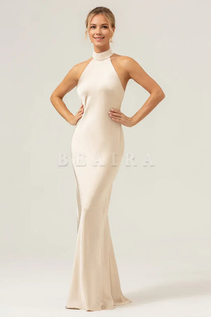 Beaira Champagne Sheath Halter Backless Long Satin Bridesmaid Dress with Slit Bridesmaid dress shop