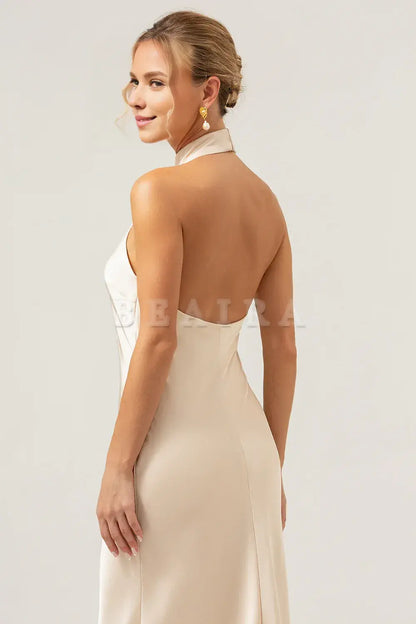Beaira Champagne Sheath Halter Backless Long Satin Bridesmaid Dress with Slit Bridesmaid dress shop