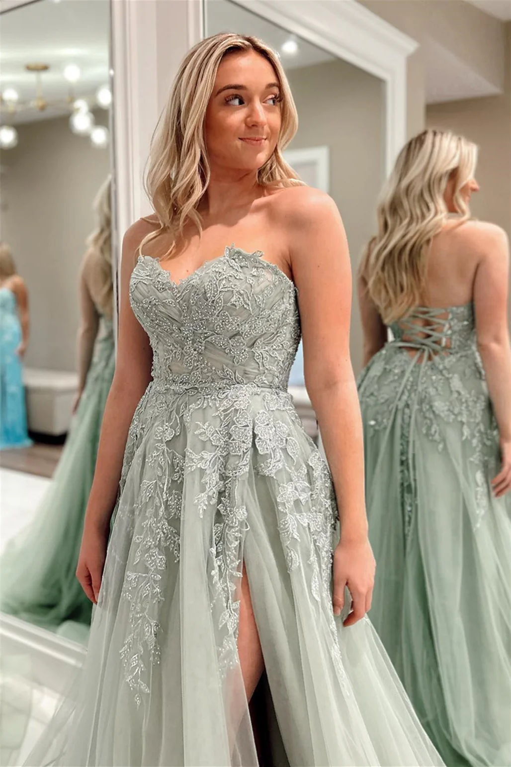 A-Line Appliques Tulle Sexy Long Floor-Length Prom Dresses