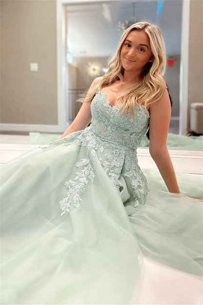 A-Line Appliques Tulle Sexy Long Floor-Length Prom Dresses