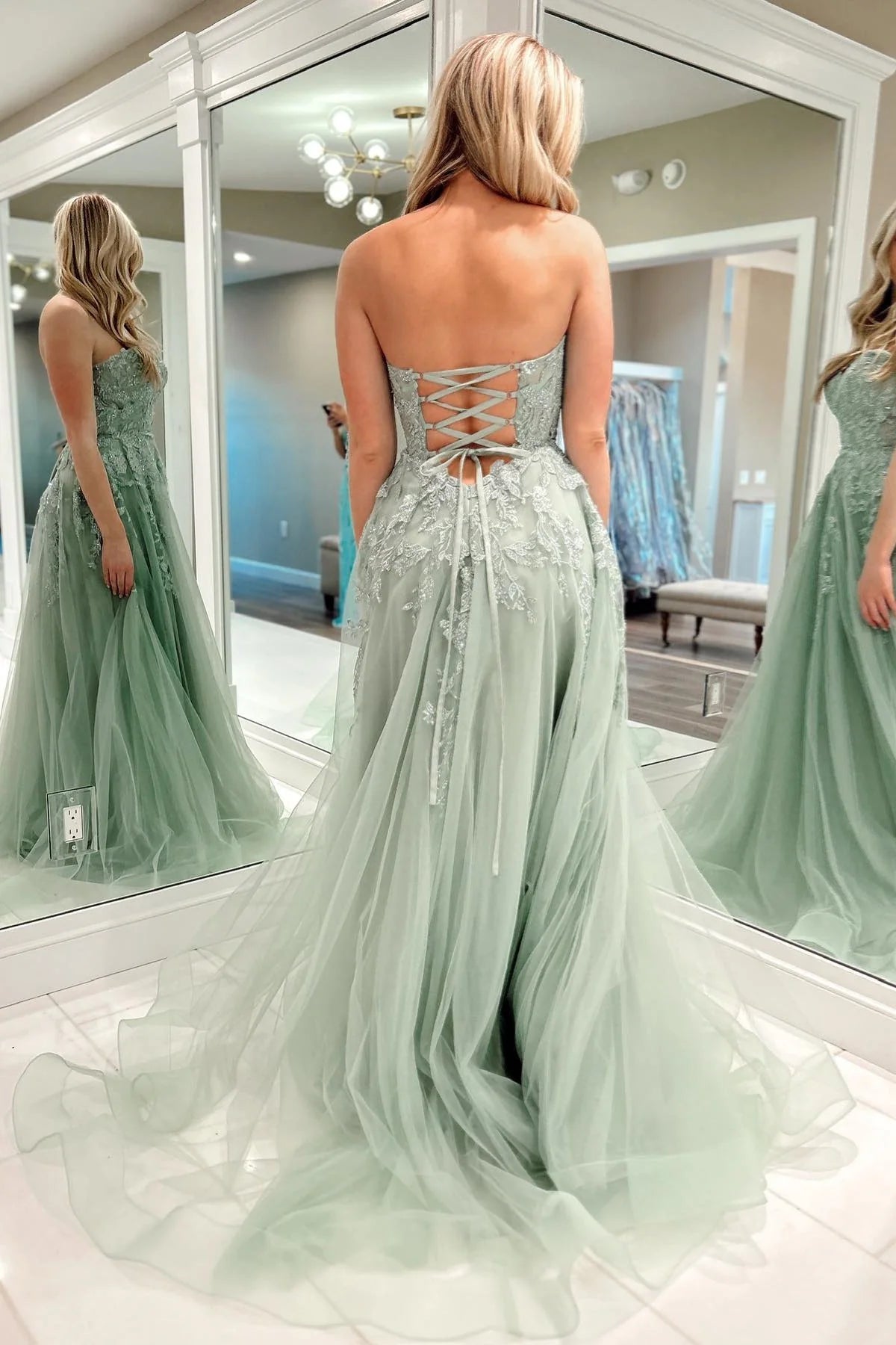 A-Line Appliques Tulle Sexy Long Floor-Length Prom Dresses