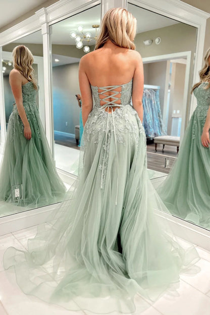 A-Line Appliques Tulle Sexy Long Floor-Length Prom Dresses