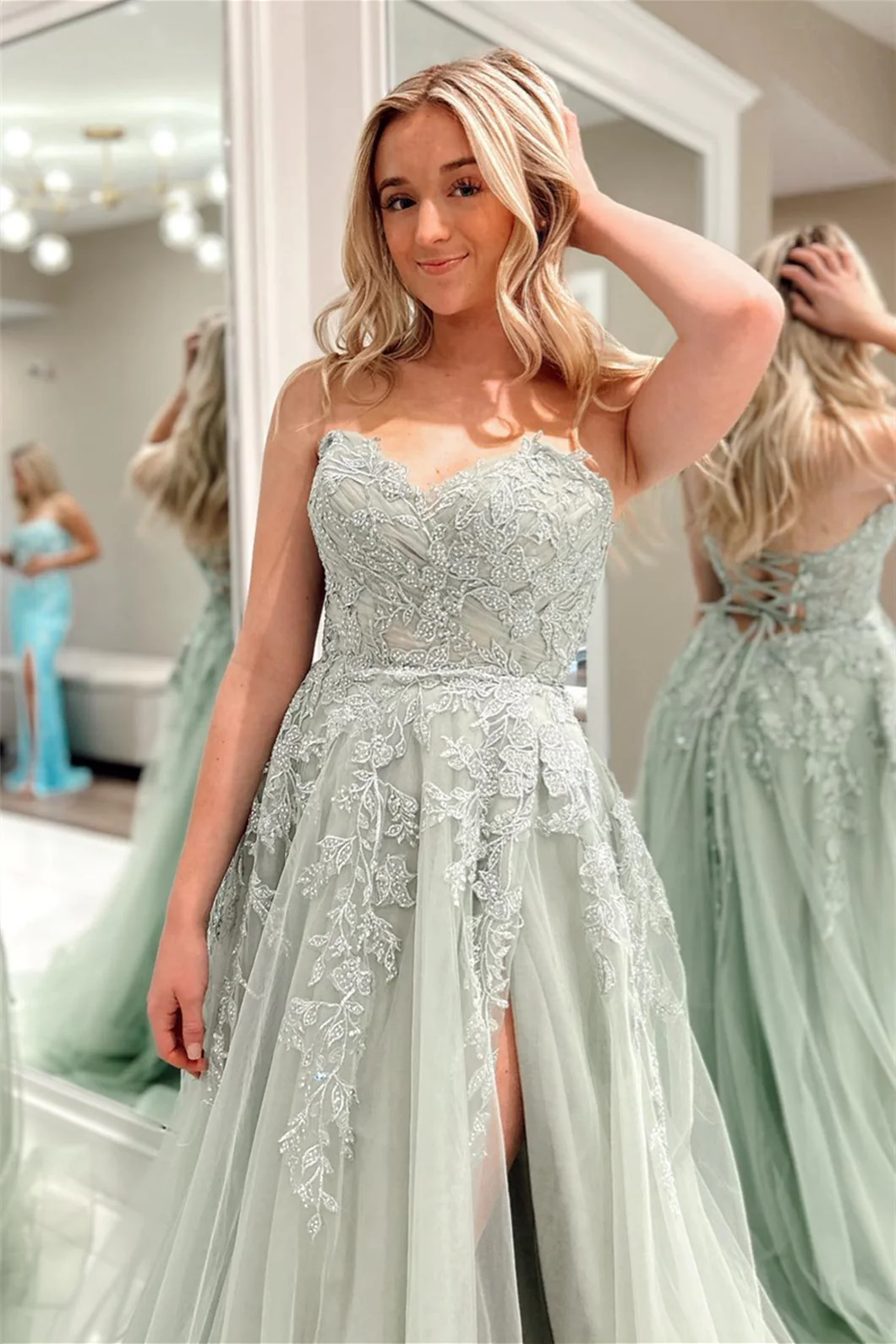 A-Line Appliques Tulle Sexy Long Floor-Length Prom Dresses