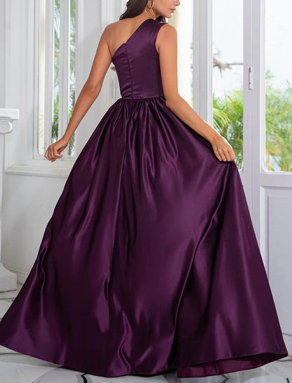 A-Line Satin One Shoulder Purple Prom Dresses