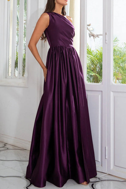 A-Line Satin One Shoulder Purple Prom Dresses