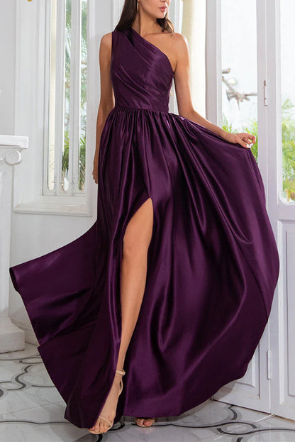 A-Line Satin One Shoulder Purple Prom Dresses