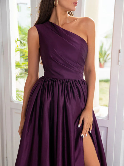 A-Line Satin One Shoulder Purple Prom Dresses